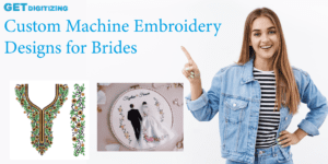 Custom machine embroidery designs showcasing elegant patterns for brides, enhancing their unique wedding attire.