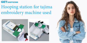 Hooping station for a used Tajima embroidery machine, designed for precise fabric alignment and embroidery setup.